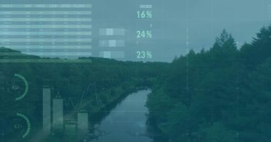 Orman nehrinin üzerinde kaybolan bir veri tablosu canlanmak için çizelgelerle beliriyor. Doğa, analitik, veri görselleştirme, çevre, teknoloji, bilgi, manzara