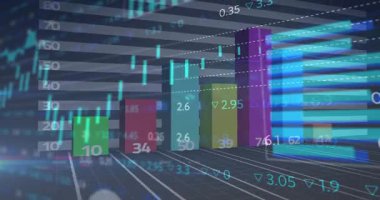 Çubuklarla başlayarak, 3D sütunlar yükseliyor, çizgi çizelgesi şekilleniyor, göstergeler zayıflıyor, veri büyümesini görselleştiriyor. Analizler, veri görselleştirme, dijital gösterge paneli, iş zekası, fütüristik, teknolojik, büyüme