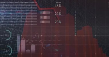 3D ızgara ile açılıyor, canlı veri gösteren finansal gösterge paneli animasyon göstergeleri ve pasta grafikleri. Teknoloji, analitik, görselleştirme, gösterge paneli, finans, veri, hareket grafikleri