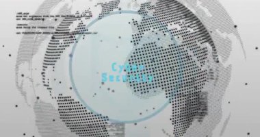 Dönen 3 boyutlu dünya, siber güvenlik metni başlatılıyor. Zayıf halka titreşimleri, değişen simgeler, güvenliği gösteriyor. Teknoloji, veri koruması, dijital ağ, siber güvenlik, yenilik, fütürist, koruma