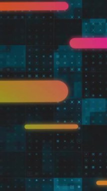 Animasyonda dijital ızgara üzerinde renkli çubuklar hareket ediyor. soyut, teknoloji, fütüristik, hareket, canlı, dinamik