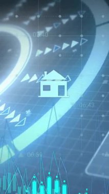 Yakıt pompası ikonu ve veri grafikleri dijital arayüz arkaplanı üzerinde animasyon oluşturur. Teknoloji, analitik, enerji