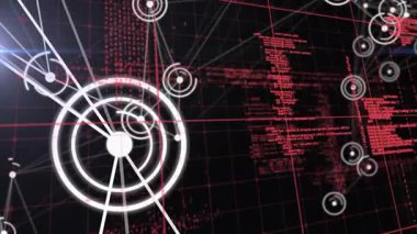 Izgaranın ortaya çıkmasıyla, beyaz halkalar dönüyor, düğümler titreşiyor ve kod ağ görselleştirmesi için kayıyor. Fütürist, dijital, teknoloji, veri, bağlantı, soyut, siber