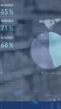Dükkandaki rafların üzerinde istatistik ve veri işleme animasyonları. küresel iş, teknoloji ve veri işleme kavramı dijital olarak oluşturulmuş video.