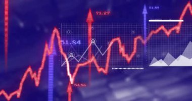 Analitik UI animasyon kırmızı zigzag çizimi, yükselen ok, titreşen işaret işaretleri, harita kaydırma. Veri görselleştirme, gösterge paneli, analitik, finansal, dijital arayüz, bilgi grafiği, grafikleme