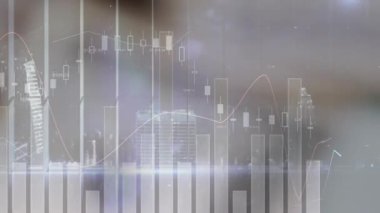 Bulanık tetikleme grafikleri soluyor, çubuklar, mumlar fatura yığınlarının üzerinde geziniyor ve piyasa eğilimlerini gösteriyor. Finansal, veri, analitik, dijital, yatırım, ekonomik, modern