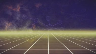 Retro ızgara ağı başlangıçta neon ufuk çizgisinde kaybolur, simülasyon gösterilirken hatalı titreşimler gösterir. Gelecek, dijital, siber, teknoloji, soyut, neon, sanal