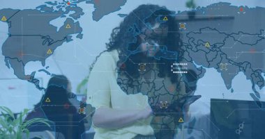 mid adult woman tapping and pinching tablet while projecting global map charts data clusters. Technology, data visualization, international, digital, analytics, business, teamwork