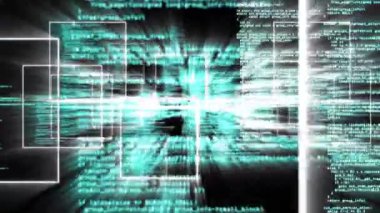 Kod pencereleri parlayan veri çekirdeğine yaklaşan turkuaz metin akışı ile karanlık uzayda açılıyor. Fütürist, dijital, teknoloji, siber alan, soyut, veri, kod