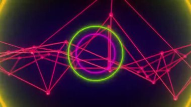 Ağ merkezinde ortaya çıkan neon yeşil çember, çok renkli halkalar oluşmakta, titreşmekte, görselleştirmekte. Dijital, fütüristik, soyut, teknoloji, siber, bağlantı, canlı