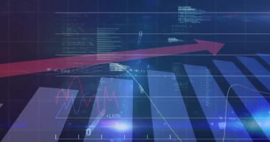 Piyasa büyümesini göstermek için kırmızı ok çubukların üzerinde yukarı doğru süzülürken dijital ızgara ortaya çıkıyor. Finans, analitik, veri görselleştirme, teknoloji, yatırım, ilerleme, iş büyümesi