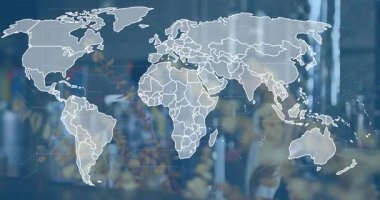 Dünya haritası kafeterya tezgahının üzerinde soluyor ve espresso hazırlayan baristalara rehberlik eden veri düğümleri var. Küresel bağlantı, işbirliği, veri görselleştirme, kentsel çevre, profesyonel, modern