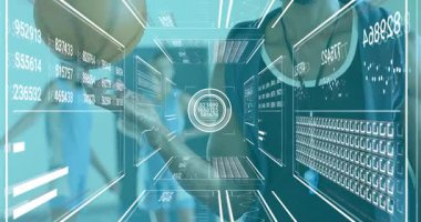 Animasyon performans istatistiklerinde kaybolan sanal panellerde basketbol dönen koç. Spor, koçluk, teknoloji, analiz, fitness, yenilik, eğitim