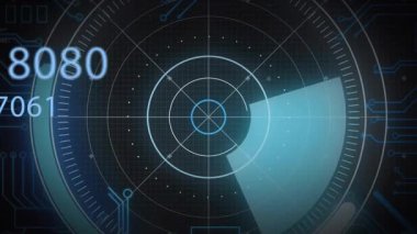 Saat 2 yönünde Cyan takozu beliriyor, ızgarayı süpürüyor, işaretleyicileri yakıyor ve ölçümleri canlandırıyor. Teknoloji, veri görselleştirme, dijital arayüz, fütürizm, siber, yenilik, devre