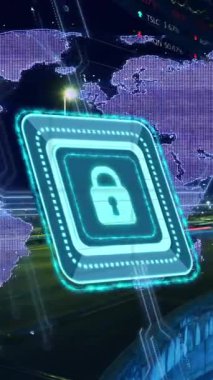 Dünya haritalı asma kilit simgesi ve şehir haritası üzerinde finansal veri işleme animasyonu. Küresel iş, bağlantılar, finans ve dijital arayüz kavramı dijital olarak oluşturulmuş video.