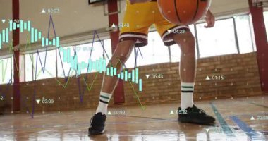 Basketbolcu topun salyalarını akıtıyor ve sert zemindeki animasyon ölçümlerini etkinleştiriyor. Sporcu, spor, antrenman, hareket, performans, koçluk, fitness