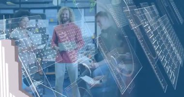 business team gesturing toward laptop screen and activating holographic data panels for team review. Collaboration, innovation, technology, analytics, silicon-valley, digital, futuristic