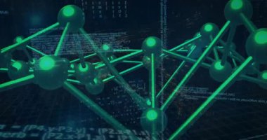 Kamera geri çekerken yeşil ağ döndürme işlemi başlatılıyor kod içinde düğümler ve çubuklar ortaya çıkıyor. Fütürist, dijital, soyut, yüksek teknoloji, sibernetik, ağ, matris