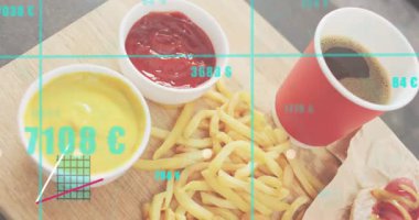 Uçakta patates kızartması ve kahve çizgileri zayıflıyor ve para birimi eğilimlerini görselleştirmek için çubuklar büyüyor. Gıda sunumu, finansal veriler, dijital kaplama, gündelik yemek, veri görselleştirme, tüketici alışkanlıkları, modern tarz