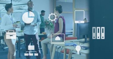 İş dünyası ekibi, animasyon simgelerinin yer değiştirmesiyle ölçümleri görselleştiren selamlaşmalar yapıyor. İşbirliği, takım çalışması, yenilik, iletişim, modernlik, üretkenlik, gündelik