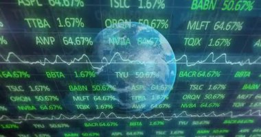 Kalp atışları düşük değerler gösterirken, 3D dünya salınım grafiği güncellemesi ile hisse senedi eğilimlerini gösterir. Teknoloji, finans, analitik, dijital, yenilik, veri görselleştirme, fütüristik