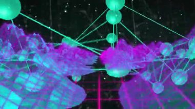 Neon şebeke kamerası açılıyor. Örgü sırtları arasında süzülüyor. Demo için örgü etrafında dönen deniz mavisi kürelerini gösteriyor. Fütürist, sibernetik, soyut, teknoloji, canlı, dijital, yenilik