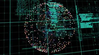Kablo küresi oluştuğunda ortaya çıkan teal şebeke kodları kayar ve görselleştiren veri akışı azalır. Gelecek, teknoloji, veri, dijital, küresel, sanal, soyut