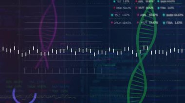 Veri yükünde, veri eğilimlerini görselleştirmek için parlayan beyaz dalga biçimi titreşimleri ve DNA sarmalları. Analitik, biyoteknoloji, bilgi, dijital, yenilik, sağlık teknolojisi, fütüristik