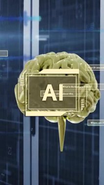 Bilgisayar sunucularında ai metin, beyin ve veri işleme animasyonları. Dijital olarak oluşturulmuş küresel yapay zeka, bağlantılar, hesaplama ve veri işleme kavramı.
