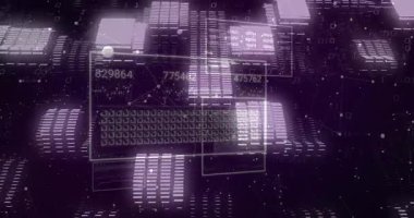 Mor ikili şebeke panelleri ile açılarak kayan sayıları, verileri vurgulayan sürüklenen düğümleri ortaya çıkarıyor. Teknoloji, veri görselleştirme, sibernetik, soyut, geleceksel, dijital, ağ