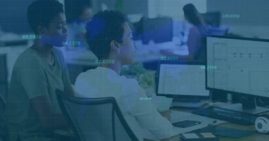 Seated analyst initiating joint data review by scrolling table via mouse, colleague pointing chart. Collaboration, teamwork, analytics, digital, professional, modern, focus