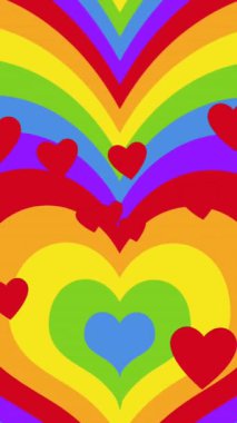 Kalpleri ve gökkuşağı kalpleri yerine çocukları olan lgbtq erkek eşcinsel çiftin animasyonu. Gurur ayı, lgbtq, insan hakları ve eşitlik kavramı dijital olarak oluşturulmuş video.