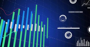 As timeline slider moves, bar chart growing, gauges spinning and charts updating, visualizing data. Analytics, visualization, infographic, dashboard, metrics, data analysis, technology