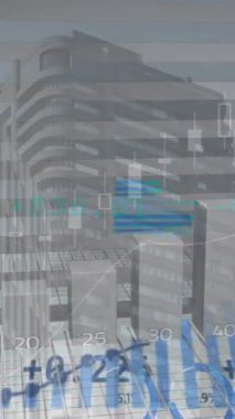 Animation of statistical data processing against tall buildings in background. Business data and analytics technology concept