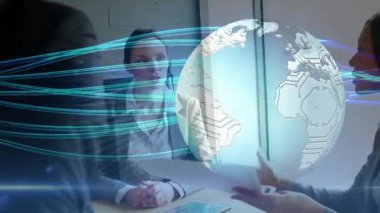 Colleagues reviewing reports at table streaming data lines converging into globe guiding strategy. Technology, collaboration, innovation, business, strategy, futurism, digital