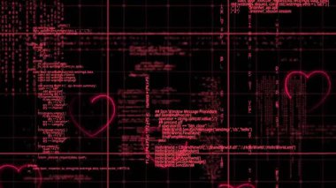 Kod bloğunda sağda görünen, kalp simgeleri, arayüz tanıtımı için kod kaydırırken sürükleniyorlar. Fütürist, dijital, neon, soyut, ilerleme, romantizm, teknoloji