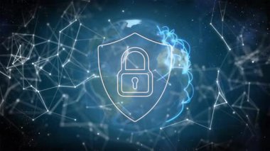 Yüzen Dünya sol düğümleri başlatıyor, mavi kurdeleler kalkan kilidini sararak dünyayı güvene alıyor. Siber uzay, siber güvenlik, dijital, geleceksel, koruma, bağlantı, veri