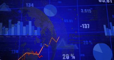 Gösterge paneli yükü, dünya, çubuk veya çizgi çizelgeleri canlandırma; pasta döndürme, modayı güncelleyen numaralar. Analizler, veri görselleştirme, dijital arayüz, finansal trendler, grafik arayüzü