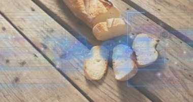 Dilimlenmiş baget üzerinde maddeleşen mavi arayüz taramaya ve kabuk ve kırıntıları gözünde canlandırmaya başlıyor. Dijital, geleceksel, hologram, doku, rustik, teknoloji, arayüz