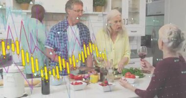 Adada yemek pişiren, bardak kaldıran ve kıvılcımlar saçan dört arkadaş grubu. İşbirliği, uysallık, aşçılık, hazırlık, sosyalleşme, modern, iç mekan