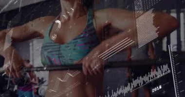 Halteri kavrayan zinde bir kadın ve güç çıkışının grafiğini ölçerek dik sırayı başlatıyor. Fitness, strength, athleticism, technology, training, performance, determination