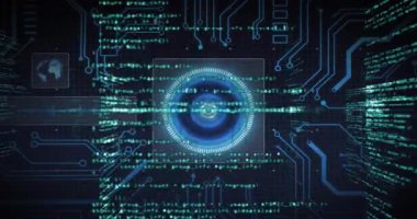 Çember tarayıcısını süpüren parlak ışın tarama döngüsü için içeri doğru hızlanan kod akımlarına neden oluyor. Futuristik, teknoloji, dijital, arayüz, siber, veri, yenilik