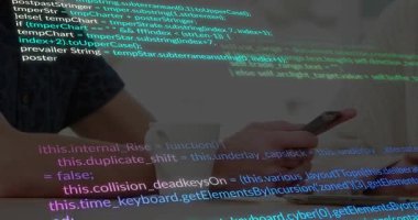 Man grabbing smartphone on tech table after code overlay, tapping and swiping while scrolling. Technology, cybersecurity, innovation, digital, focus, collaboration, modern