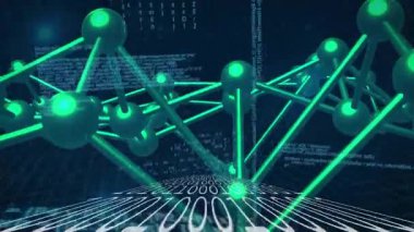 Yeşil küre ağını yönlendiren, titreşen ve dönen görselleştiren veri akışını sağlayan eğimli ikili sistem açılıyor. Fütürist, dijital, bağlantı, siber, yenilik, soyut, teknoloji