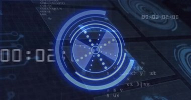 Zamanlayıcı sayısı artarken dijital arayüz dönen daire ve veri döngüsünü gösteren kod kaydırması. Fütürist, teknoloji, grafik, hud, siber, animasyon, kinezik