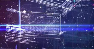 3D sahne açılıyor ve mavi ışık süpürülüyor veri panelleri başlatılıyor canlı görüntü için metrik güncelleniyor. Teknoloji, analitik, görselleştirme, fütürizm, yenilik, veri bilimi, dijital arayüz