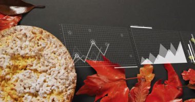Grafik alanı çizelgelerini tart arkaplanının üzerinden yükselen tohum haritasını göstererek çekime başlıyorum. Veri görselleştirme, sonbahar dekoru, dijital analitik, estetik tasarım, iş zekası, mevsimlik sunum, bilgi tarzı