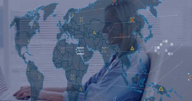 Mid adult woman opening laptop, typing at desk for global data analysis while map overlays evolving. Technology, data visualization, digital interface, innovation, connectivity, business, analytics