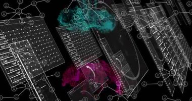 Parçacık bulutları beliriyor, 3 boyutlu paneller dönüyor, göstergeler doluyor ve noktalar titreşiyor, veri akışını gösteriyor. Fütürist, dijital, siber, soyut, teknoloji, görselleştirme, hareket