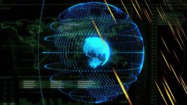 Başlangıçta 3D küresel ağ ortaya çıkıyor, altın ışınlar veriyi görselleştirmek için dönen halkaları süpürüyor. Fütürist, holografik, dijital, veri görselleştirme, teknolojik, soyut, arayüz